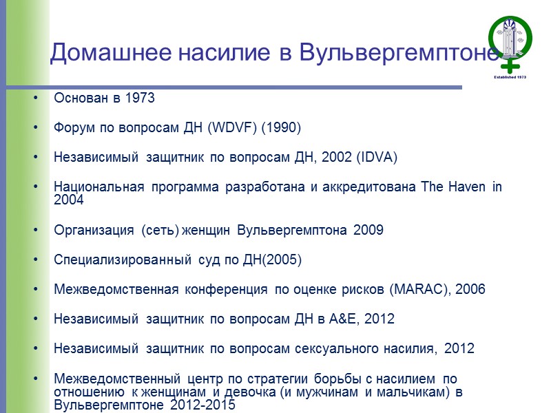 Домашнее насилие в Вульвергемптоне Основан в 1973  Форум по вопросам ДН (WDVF) (1990)
